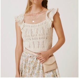 Anthropologie Ruffled Garden Crochet Knit Tank Cream Square Neck Pointelle XS